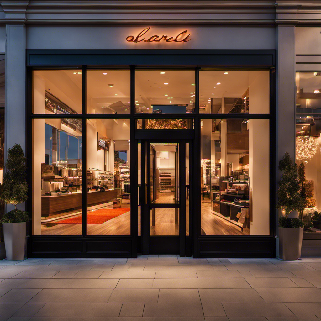 An image of a beautifully lit Floor Decor storefront at dusk, with a vibrant sunset casting a warm glow on the exterior