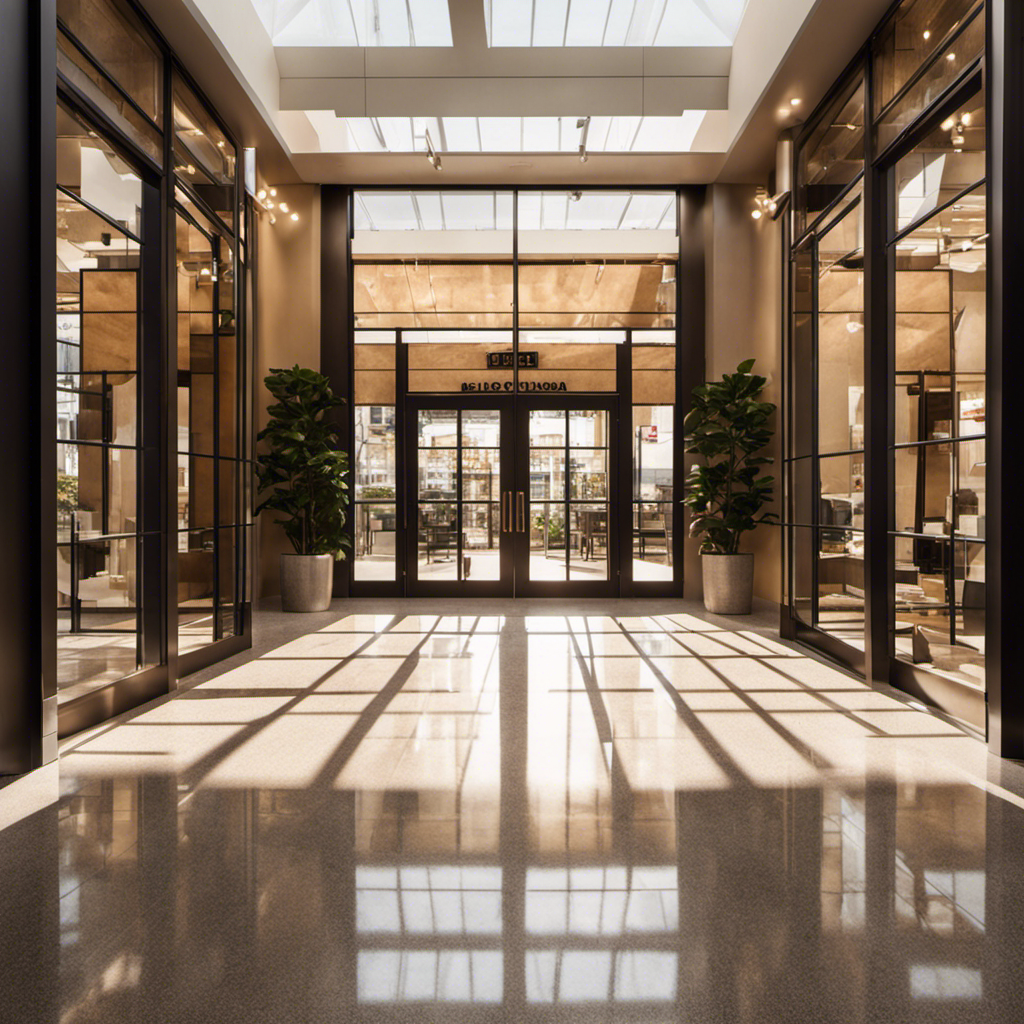 An image showcasing the entrance of a Floor & Decor store, with sunlight streaming through the glass doors, casting a warm glow on the polished floor tiles