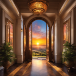 An image depicting a vibrant, sun-kissed morning sky with a softly glowing horizon, casting a warm glow upon a grand entrance adorned with ornate glass doors, awaiting the opening of Floor Decor