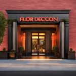An image showcasing the facade of Floor Decor, with a vibrant sunrise casting a warm glow on the entrance