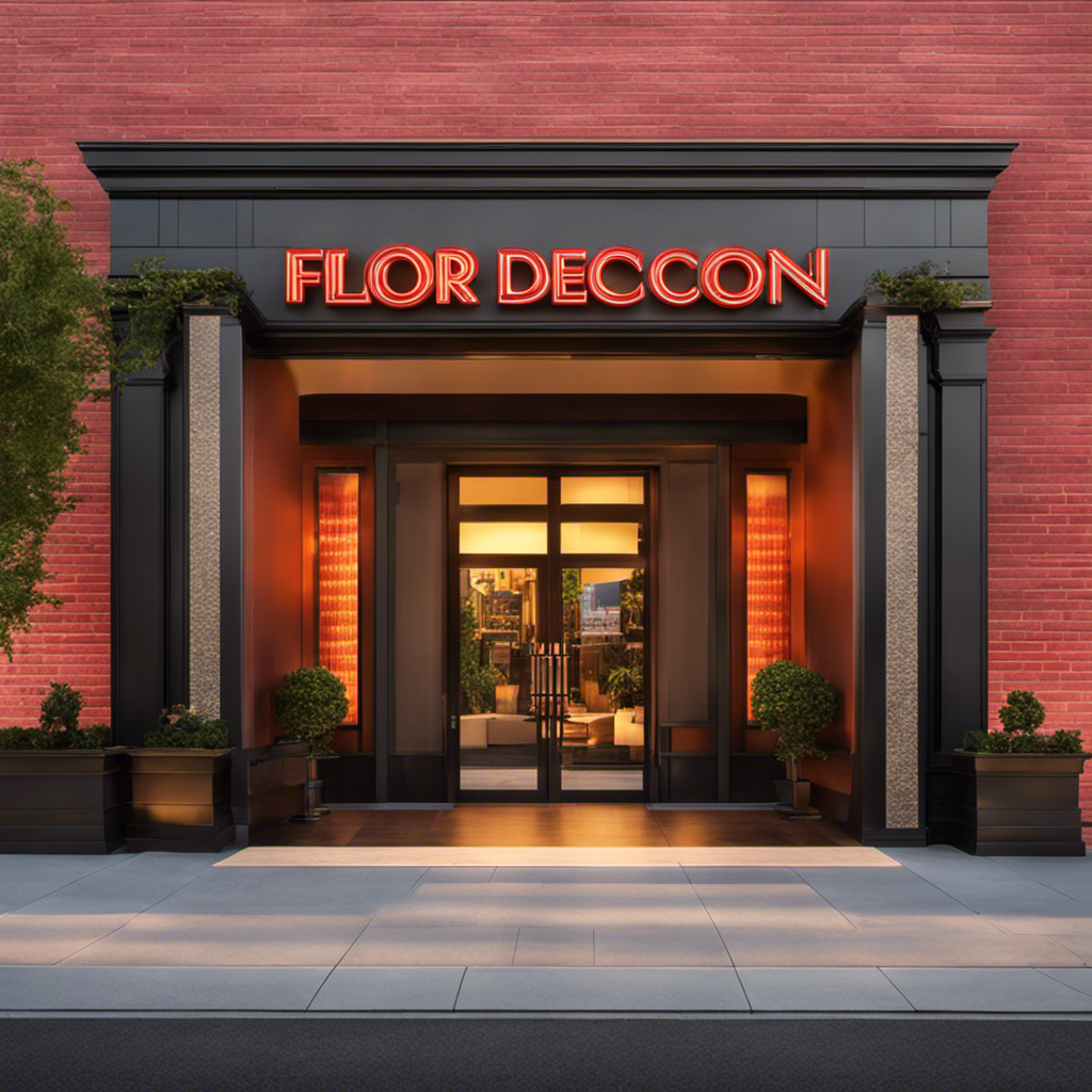 An image showcasing the facade of Floor Decor, with a vibrant sunrise casting a warm glow on the entrance