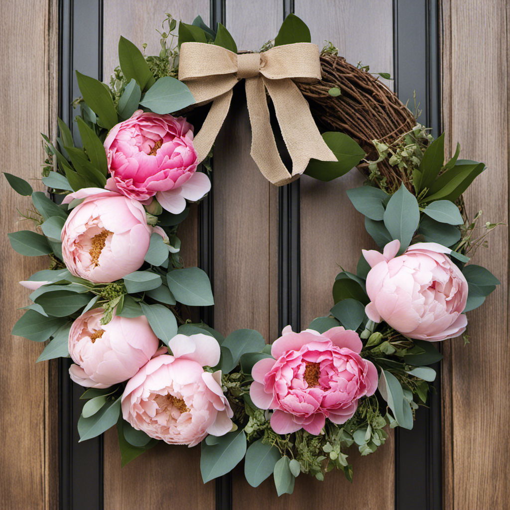An image showcasing a vibrant, floral wreath with a delicate blend of blush pink peonies, lush green eucalyptus leaves, and a rustic burlap bow, hanging gracefully on a weathered wooden front door