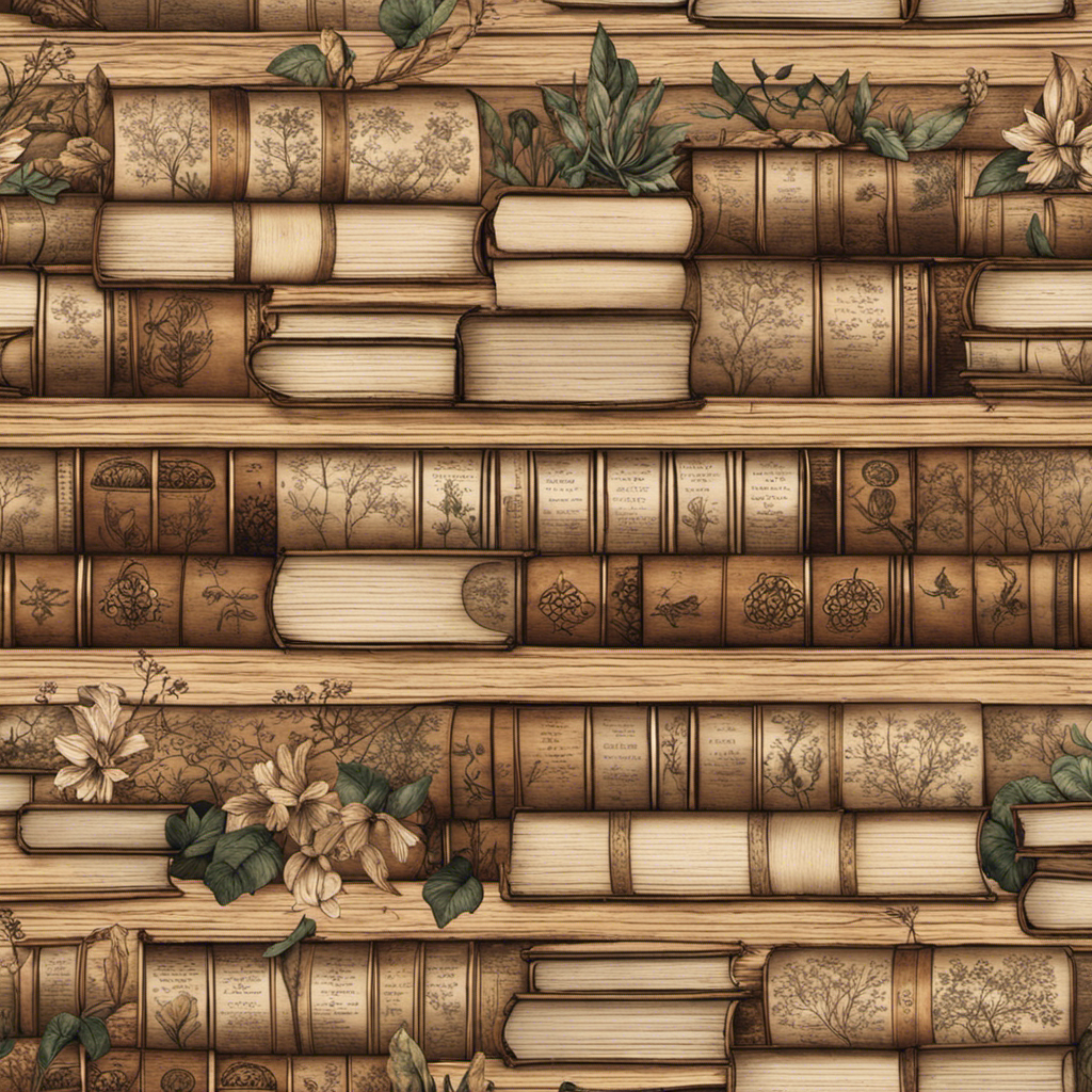 An image of a vintage-inspired wooden board adorned with delicate botanical illustrations, intertwined with elegant ink sketches of vintage books