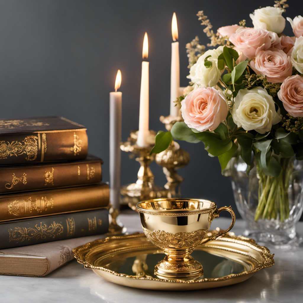 An image showcasing a styled tray adorned with an elegant glass vase filled with fresh flowers, a stack of vintage books with delicate gold accents, a dainty porcelain teacup, and a scented candle casting a warm glow