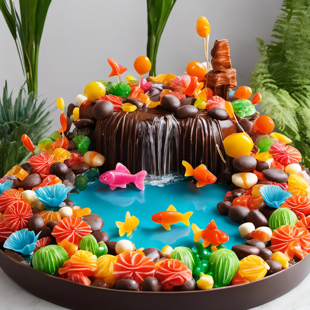 An image showcasing a vibrant candy decor pond, adorned with colorful gummy fish, lollipop lily pads, and a sparkling chocolate waterfall, surrounded by marshmallow rocks and caramel reeds