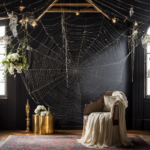 An image showcasing a beautifully decorated room with delicate spider webs elegantly draped from the ceiling, gently catching the sunlight