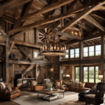 An image showcasing a rustic barn-inspired interior featuring a ceiling light with a fan