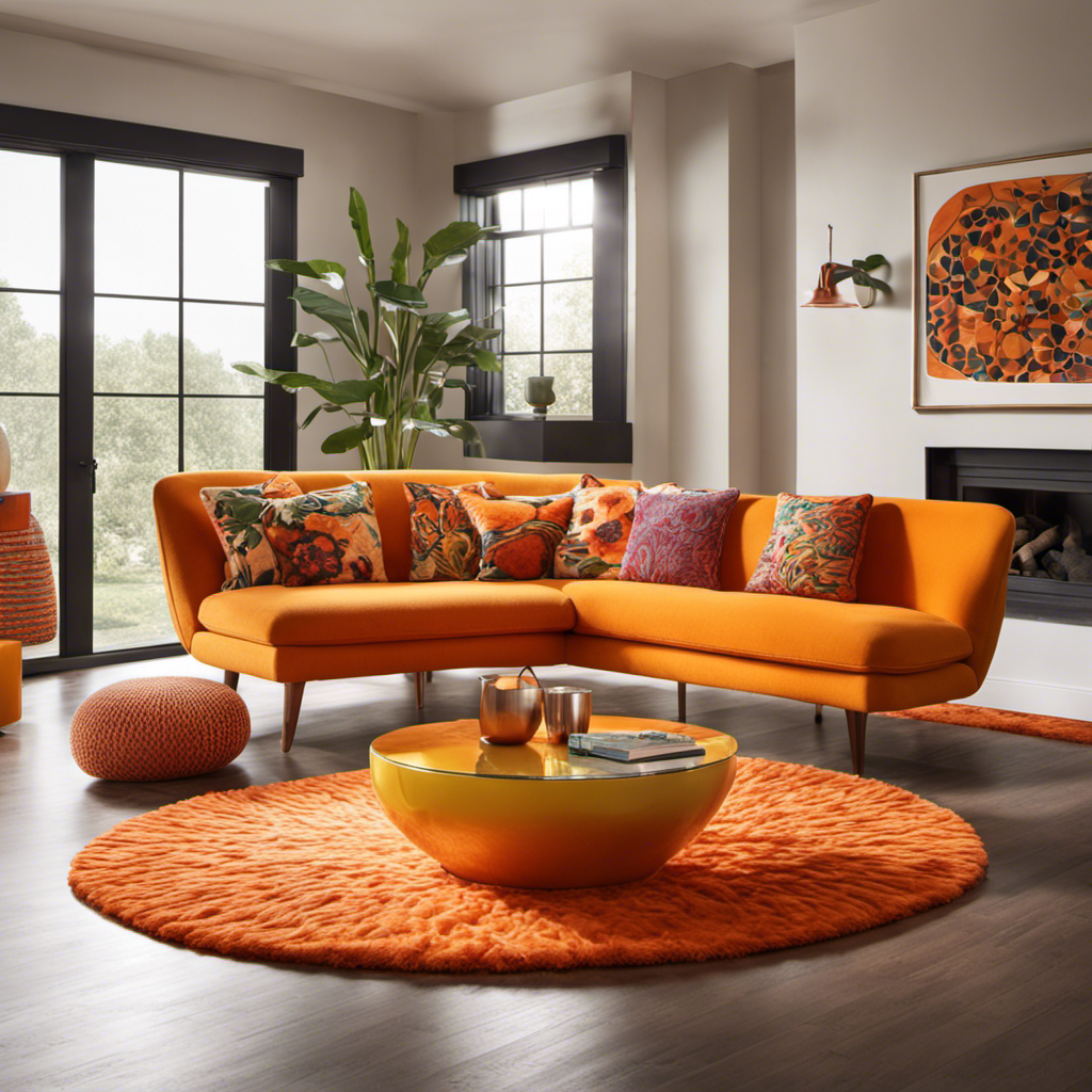 An image showcasing a vibrant, sunflower yellow sofa with rounded edges, adorned with a playful, orange patterned throw pillow