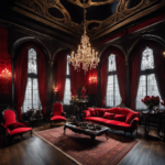 An image showcasing a gothic Victorian living room adorned with ornate, blood-red velvet curtains, antique candelabras casting eerie shadows, and a grand black chandelier hanging from a vaulted ceiling