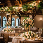 An image showcasing an elegantly adorned wedding reception venue, featuring cascading floral centerpieces with soft hues, delicate fairy lights draped over rustic wooden beams, and a beautiful sweetheart table adorned with lush greenery and gold accents