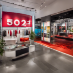 An image showcasing a vibrant, modern showroom with a timeline subtly embedded in the background