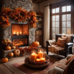An image showcasing a cozy living room with a fireplace, adorned with a wreath made of dried autumn leaves