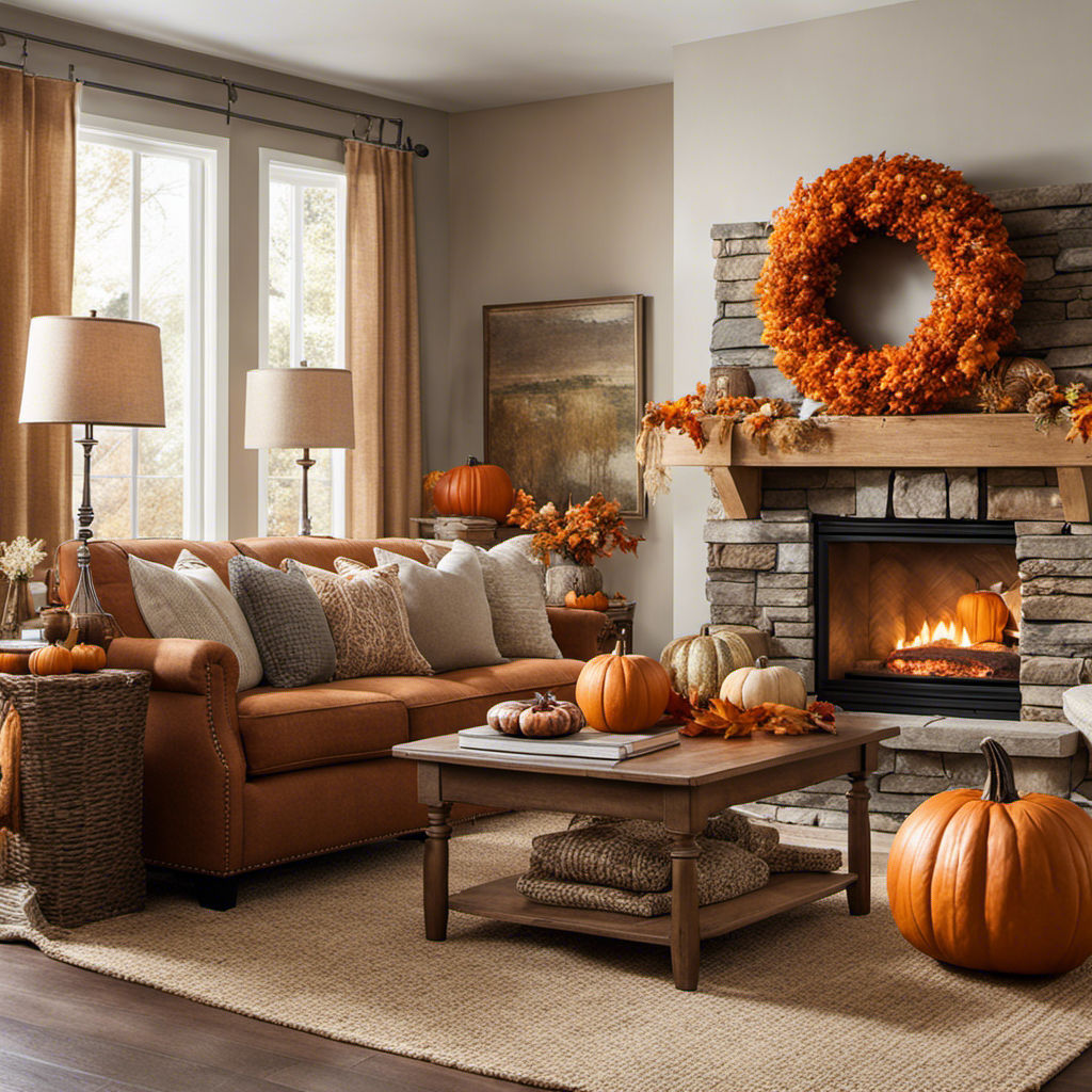 An image capturing the transition from summer to fall decor, showcasing a cozy living room adorned with earth-toned throw pillows, a rustic wreath hanging on the door, and a pumpkin-filled fireplace mantel, radiating warm autumnal vibes