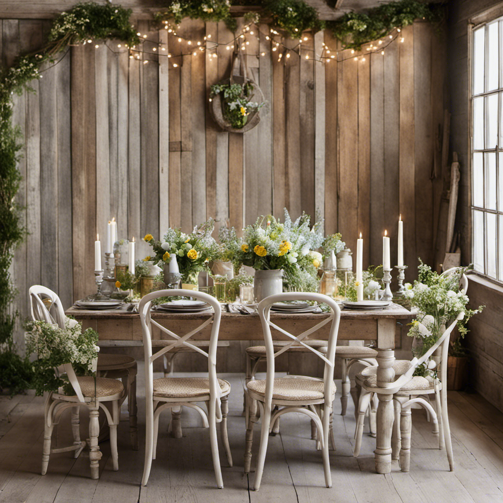 An image that showcases a rustic, white-washed wooden dining table adorned with vintage mason jars filled with freshly picked wildflowers, accompanied by antique farmhouse chairs and a weathered barn backdrop