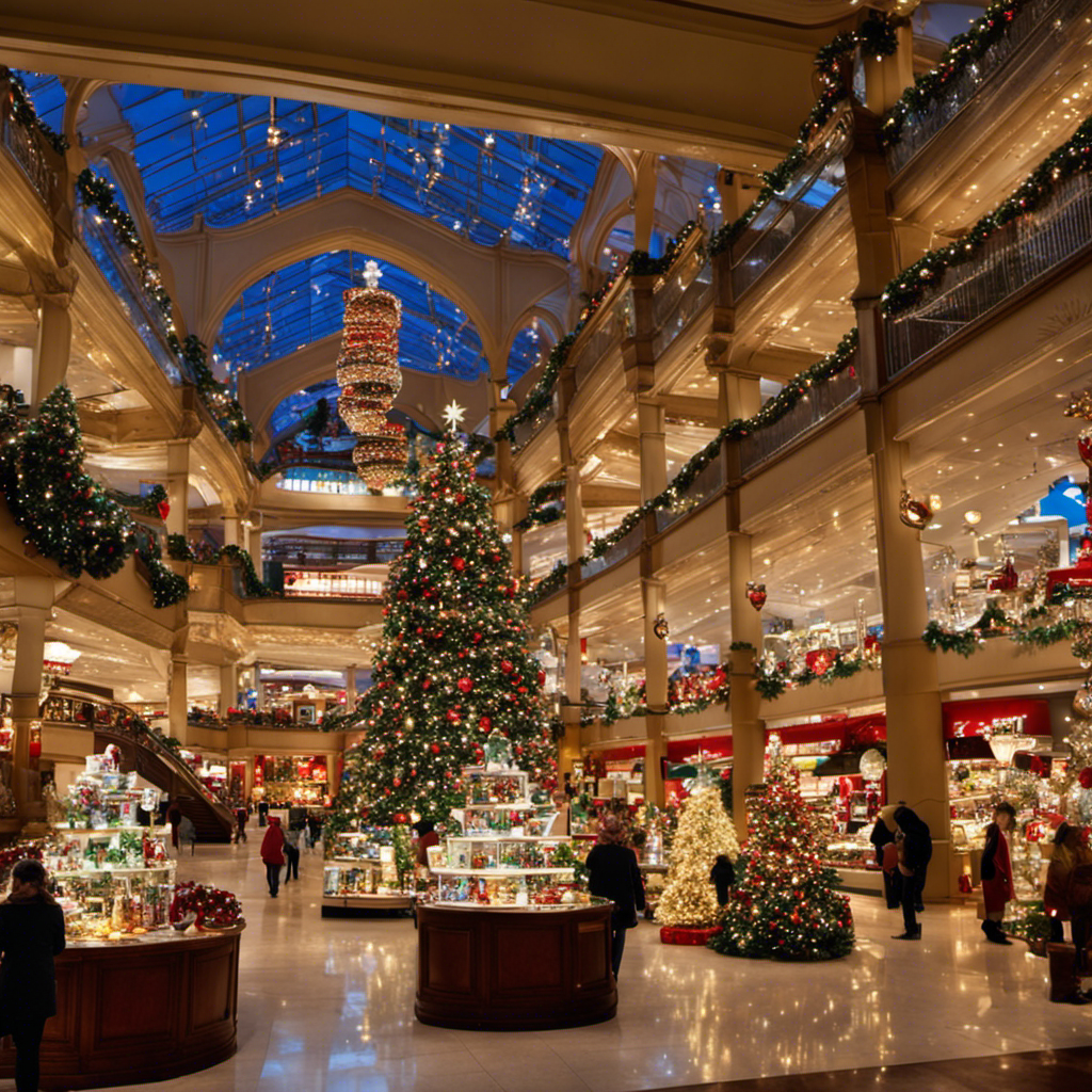 An image showcasing a bustling department store, adorned with twinkling lights and colorful ornaments