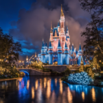 An image showcasing Cinderella Castle at Disney World draped in dazzling lights, surrounded by towering festive trees adorned with twinkling ornaments, while a magical snowfall envelops the enchanting scene