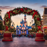 An image capturing the enchantment of Disneyland during the holiday season: iconic Sleeping Beauty Castle adorned with shimmering lights and wreaths, Main Street USA lined with festive garlands, and joyful characters spreading Christmas cheer throughout the park
