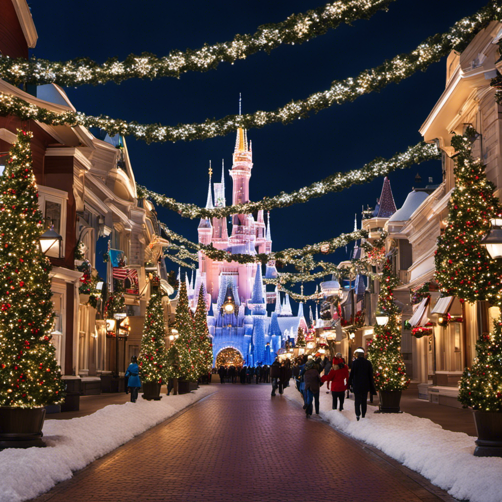 An image showcasing the enchanting transformation of Disney parks into a winter wonderland