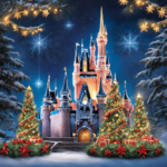 An image featuring a majestic Cinderella Castle adorned with dazzling Christmas lights, wreaths, and garlands