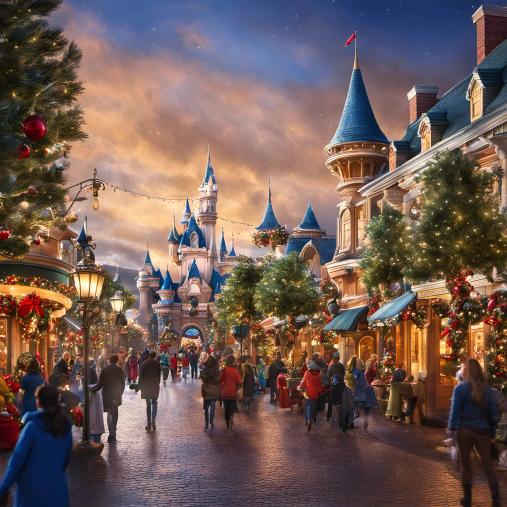 Create an image capturing the enchanting moment when Disneyland's Main Street transforms from a winter wonderland adorned with sparkling lights, towering Christmas trees, and festive wreaths into a vibrant springtime haven, as cast members gently remove seasonal decorations