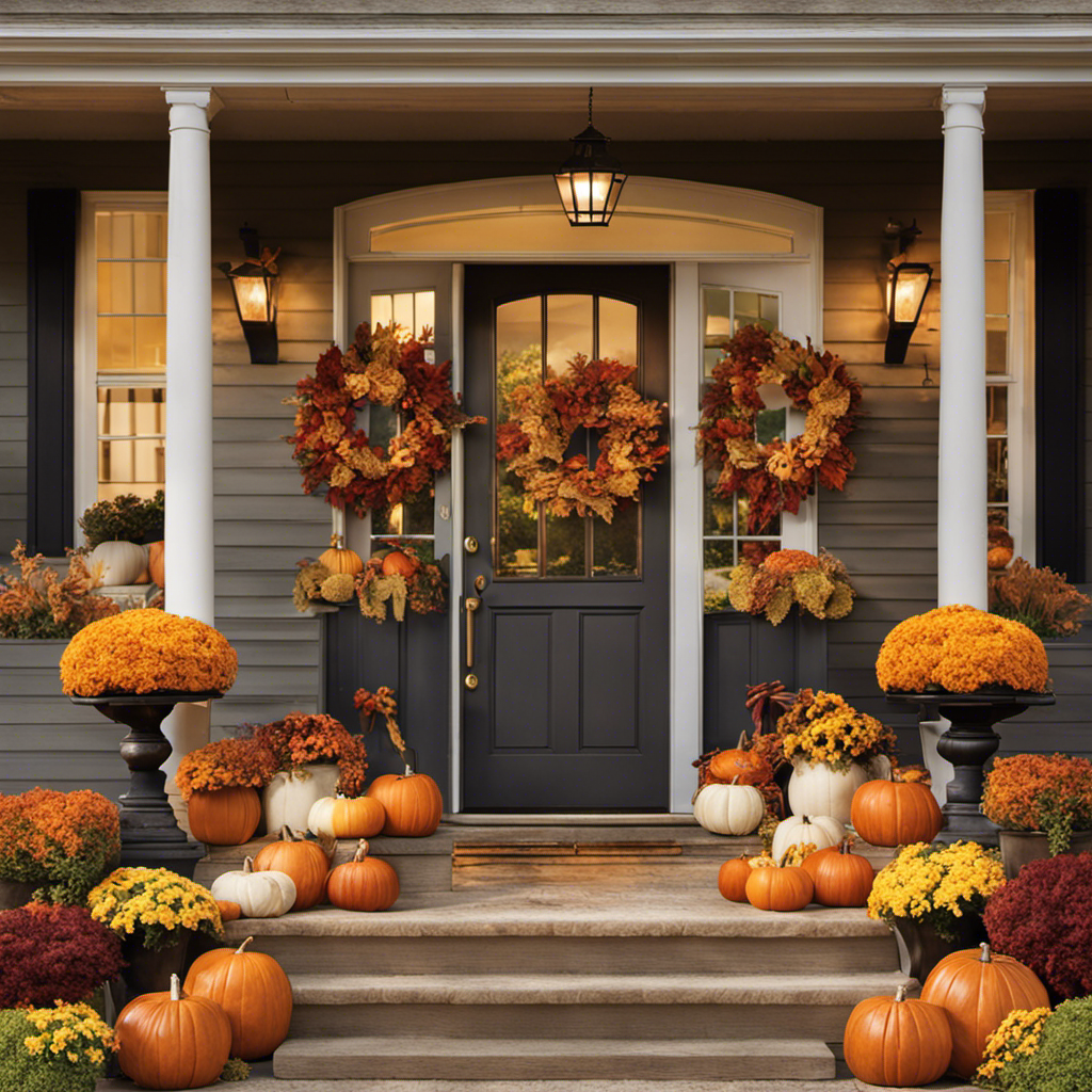 An image showcasing a vibrant autumn scene, with a cozy porch adorned in Dollar General Fall Decor