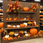 An image showcasing a vibrant, eye-catching display at Hobby Lobby, filled with meticulously arranged autumn-themed decor