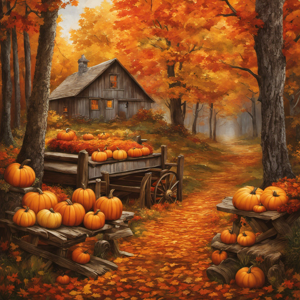 An image capturing the essence of autumn's arrival in stores: vibrant orange and yellow maple leaves gently cascading down, warmly hued pumpkins artfully arranged next to cozy plaid blankets, and rustic wooden signs welcoming the fall season