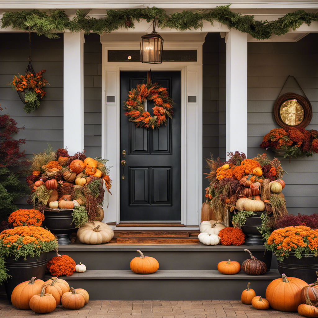 An image capturing the essence of fall decor: a front porch adorned with a rustic wooden bench, overflowing with vibrant potted plants in rich autumn hues, complemented by an array of pumpkins, gourds, and a welcoming wreath on the door