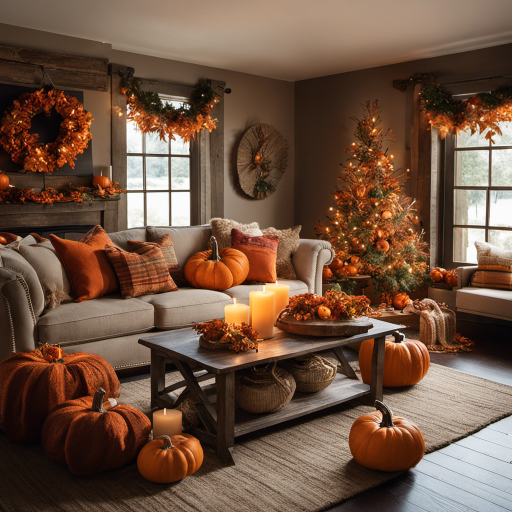 An image showcasing a cozy living room adorned with vibrant orange throw pillows, a pumpkin-scented candle flickering on a rustic coffee table, and a shelf filled with discounted autumn wreaths and garlands