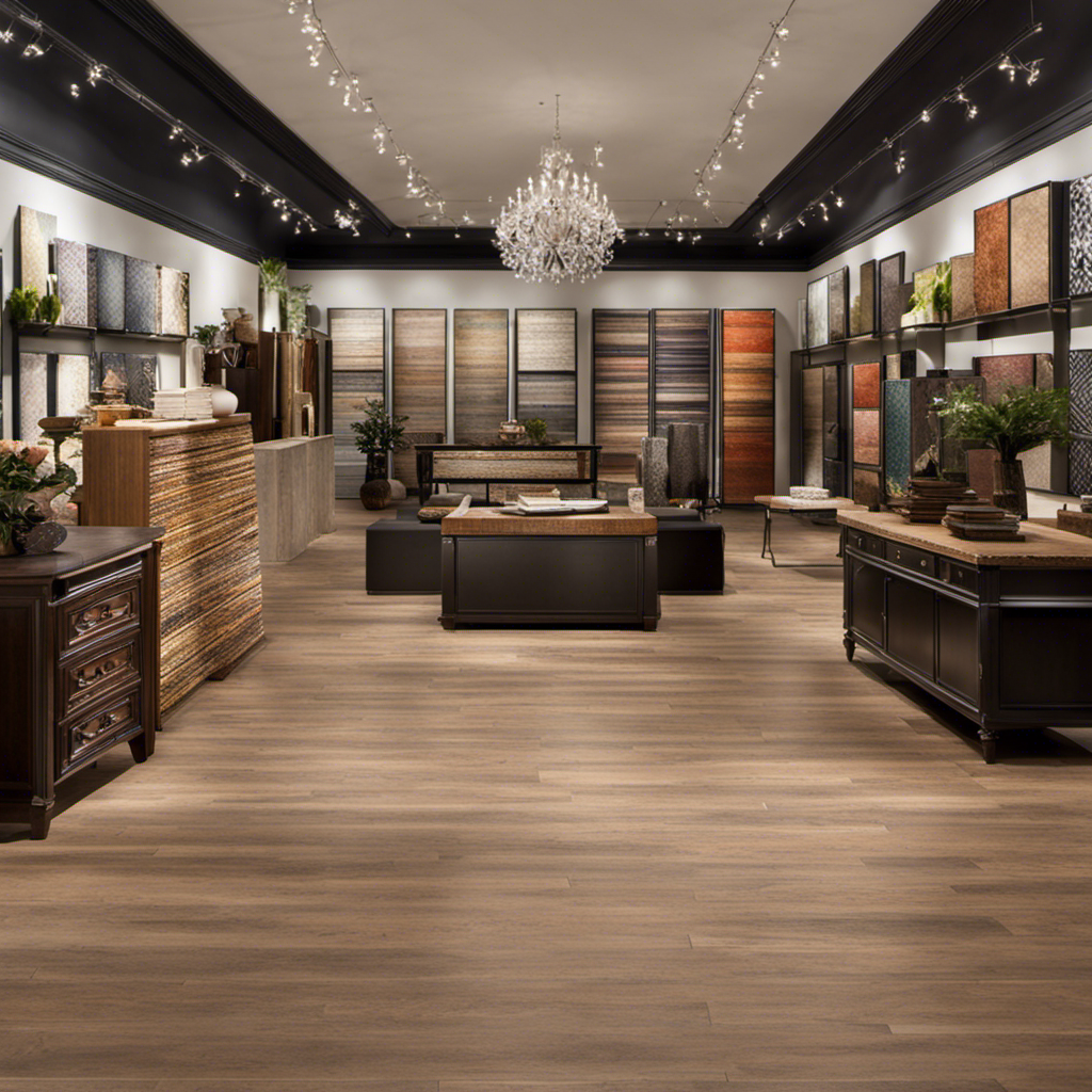 An image featuring a vibrant showroom at Floor and Decor, filled with customers eagerly browsing through a wide selection of discounted tiles, hardwood floors, and exquisite rugs during an enticing sale event