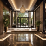 An image capturing the early morning light gently streaming through the glass entrance doors of Floor and Decor, casting a warm, inviting glow on the polished tiles and neatly arranged decor items, signaling the start of a new day
