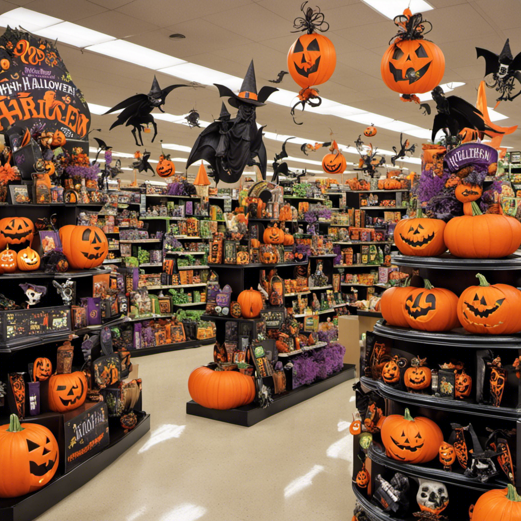 An image capturing the vibrant aisles of Dollar Tree, adorned with an array of Halloween decorations