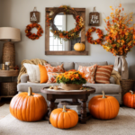 An image showcasing a cozy autumn-themed living room with vibrant orange and yellow throw pillows, a rustic wooden coffee table adorned with pumpkins, and a wreath of colorful fall leaves hanging on the wall, hinting at the arrival of Hobby Lobby's fall decor sale