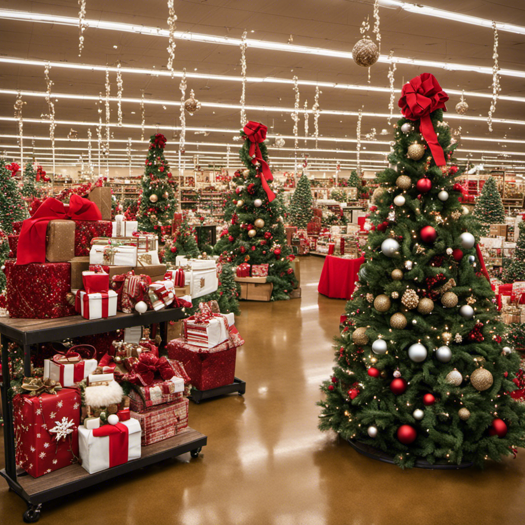 An image capturing the excitement of Hobby Lobby's Christmas decor aisle, adorned with twinkling lights, shimmering ornaments, and beautifully decorated trees, inviting readers to discover when this festive wonderland comes to life
