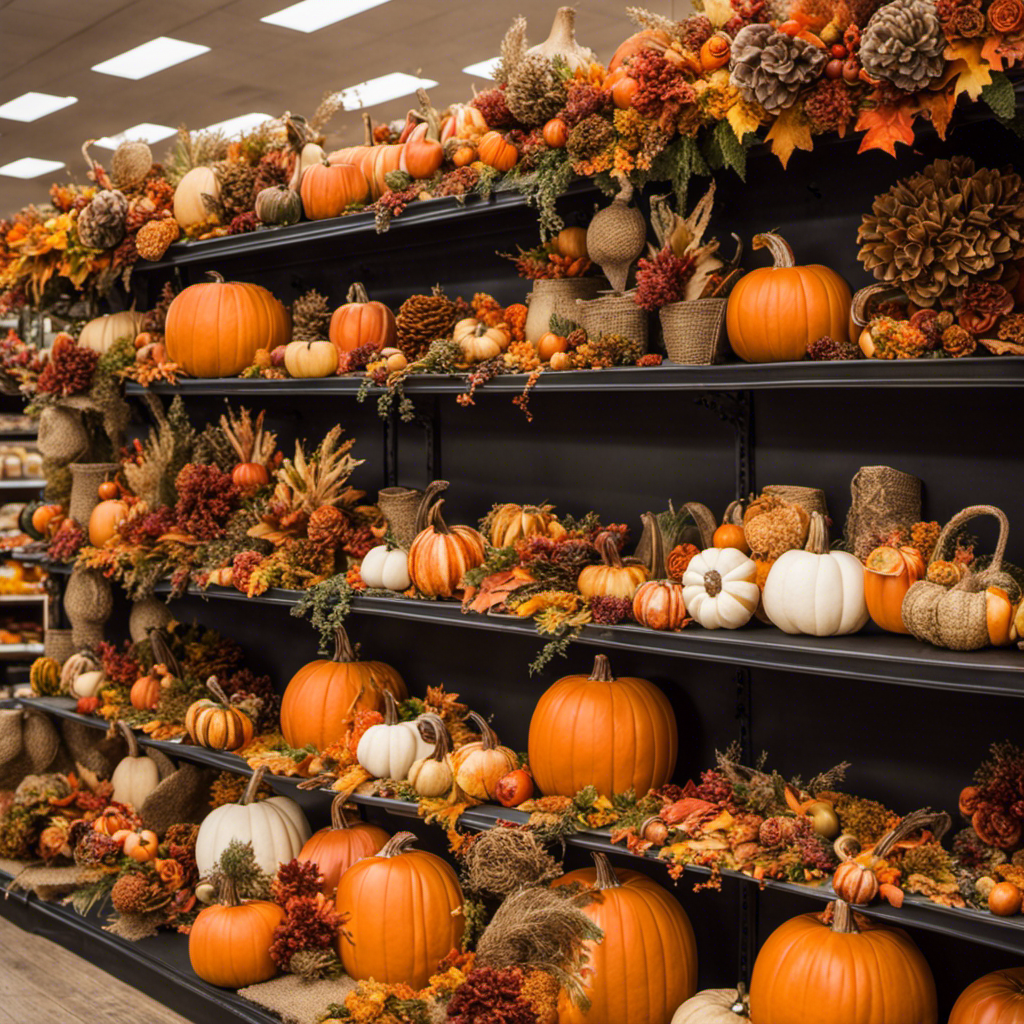 An image showcasing a vibrant Hobby Lobby store aisle adorned with an array of autumn-inspired decorations