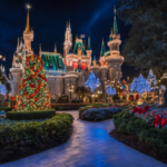 An image depicting a mesmerizing transition at Magic Kingdom: as night falls, Cinderella Castle magically transforms into a winter wonderland adorned with enchanting Christmas lights, shimmering snowflakes, and festive wreaths, captivating the hearts of visitors