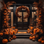 An image of a dimly lit Michaels store entrance, adorned with a hauntingly beautiful wreath made of black feathers, dried orange leaves, and miniature pumpkins, signaling the arrival of Halloween decor for 2022