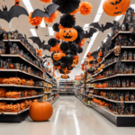An image showcasing a colorful Halloween-themed aisle at Target, adorned with spooky decorations like hanging bats, cobwebs, and Jack-o'-lanterns