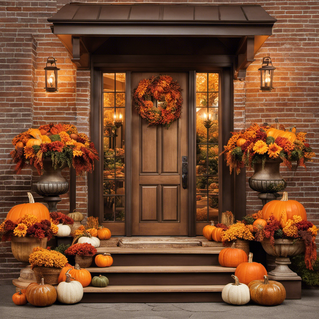 An image showcasing a Walmart entrance adorned with a vibrant burst of autumn colors
