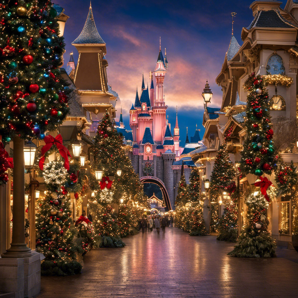 An image capturing the enchantment of Disneyland during the holiday season: Main Street lined with towering evergreen wreaths, adorned with shimmering lights and festive ornaments, while Sleeping Beauty Castle glows with a magical display of twinkling icicles