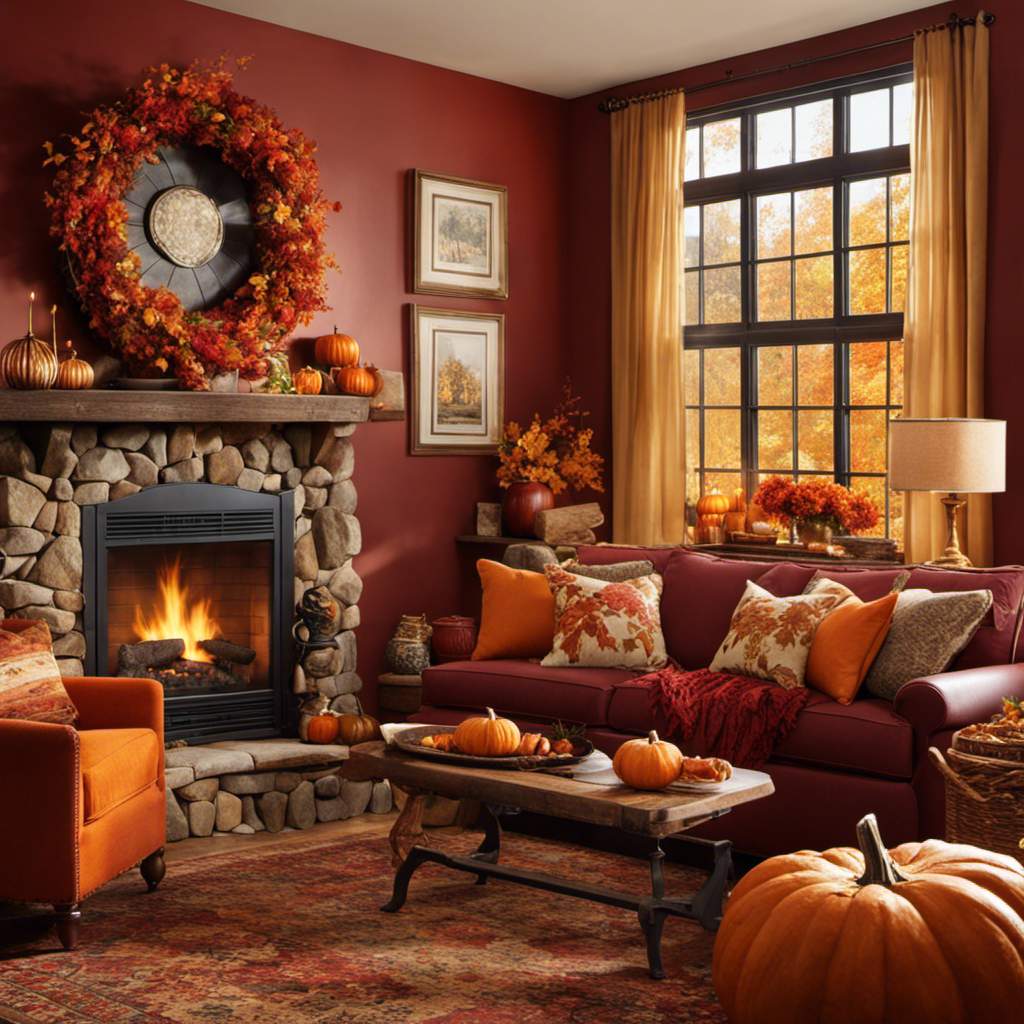 An image showcasing a cozy living room with warm hues, where a crackling fireplace illuminates autumnal accents like pumpkins, acorns, and rustic wreaths