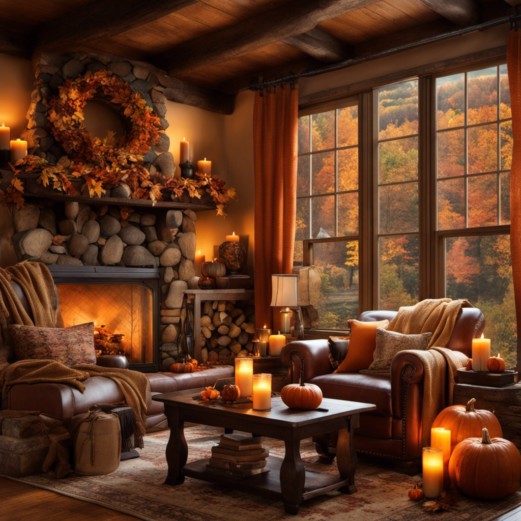 An image showcasing a cozy living room, adorned with earth-toned throw blankets draped over rustic armchairs, a pumpkin-spice scented candle flickering on a coffee table, and vibrant autumn leaves peeking through the window