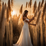 An image showcasing a pair of hands delicately trimming a tall, feathery pampas grass stalk with golden sunlight filtering through the blades, capturing the perfect moment to cut for stunning decor