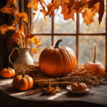  the essence of a crisp autumn morning: a rustic wooden table adorned with a centerpiece of vibrant orange pumpkins, dried corn stalks, and golden-hued leaves, as soft rays of sunlight gently seep through a nearby window
