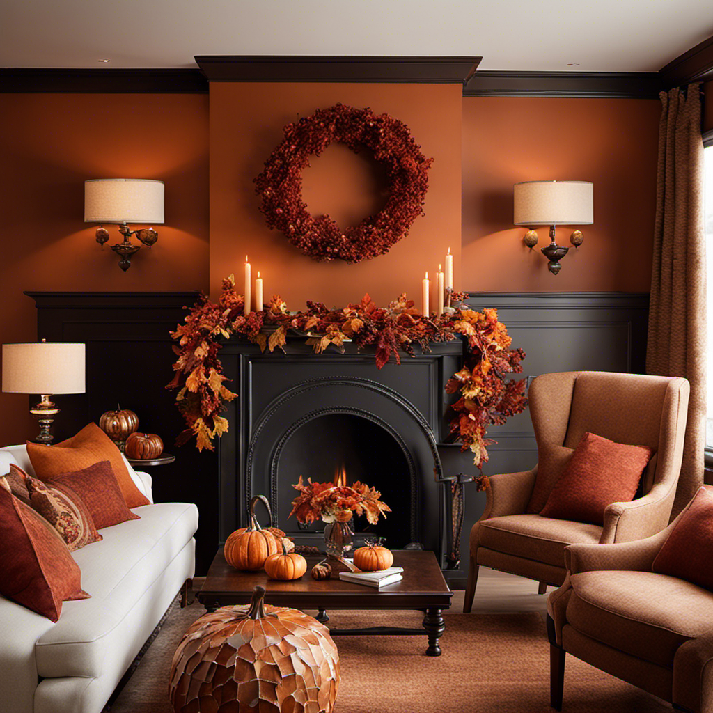 An image showcasing a cozy living room with warm hues of burnt orange and deep reds, adorned with delicate wreaths crafted from dried autumn leaves hanging on the fireplace mantle, enticing readers to embrace fall decor