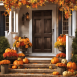 An image showcasing a cozy front porch adorned with vibrant pumpkins and gourds, nestled amongst a backdrop of golden-hued leaves falling from the trees, capturing the enchanting moment of transitioning to autumn