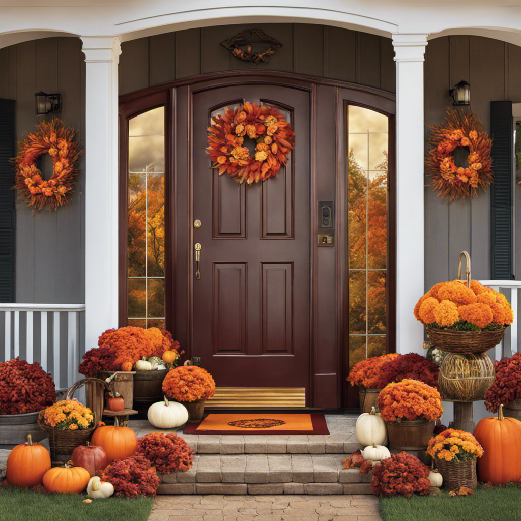 the essence of autumn's arrival with a captivating image that showcases a charming front porch adorned with vibrant orange and maroon wreaths, rustic cornstalks, and a cozy harvest-themed doormat, inviting the viewer to embrace the beauty of fall decor