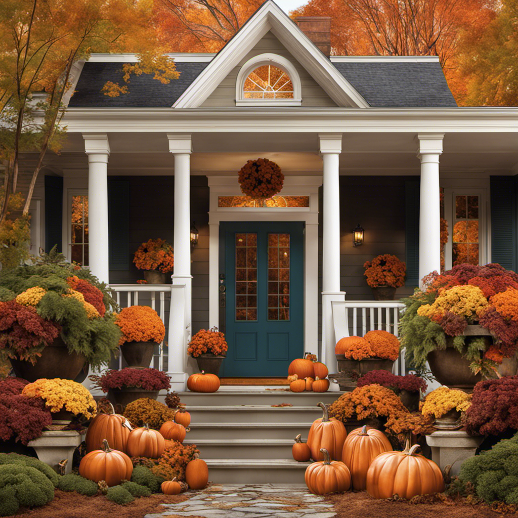 An image capturing the gradual transition from vibrant summer hues to warm autumn tones, with a cozy front porch adorned by a wreath of dried leaves, pumpkins arranged on the steps, and a scattering of acorns and pinecones