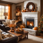 An image capturing the essence of transitioning seasons: a cozy living room with a crackling fireplace, adorned with a rustic wreath, pumpkins, and warm-toned throws, showcasing the perfect moment to begin your fall decor