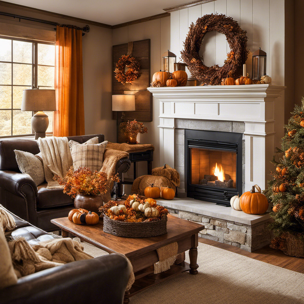 An image capturing the essence of transitioning seasons: a cozy living room with a crackling fireplace, adorned with a rustic wreath, pumpkins, and warm-toned throws, showcasing the perfect moment to begin your fall decor